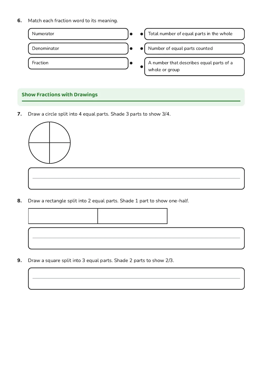 Introduction to Fractions, page 2 of 4: Show Fractions with Drawings