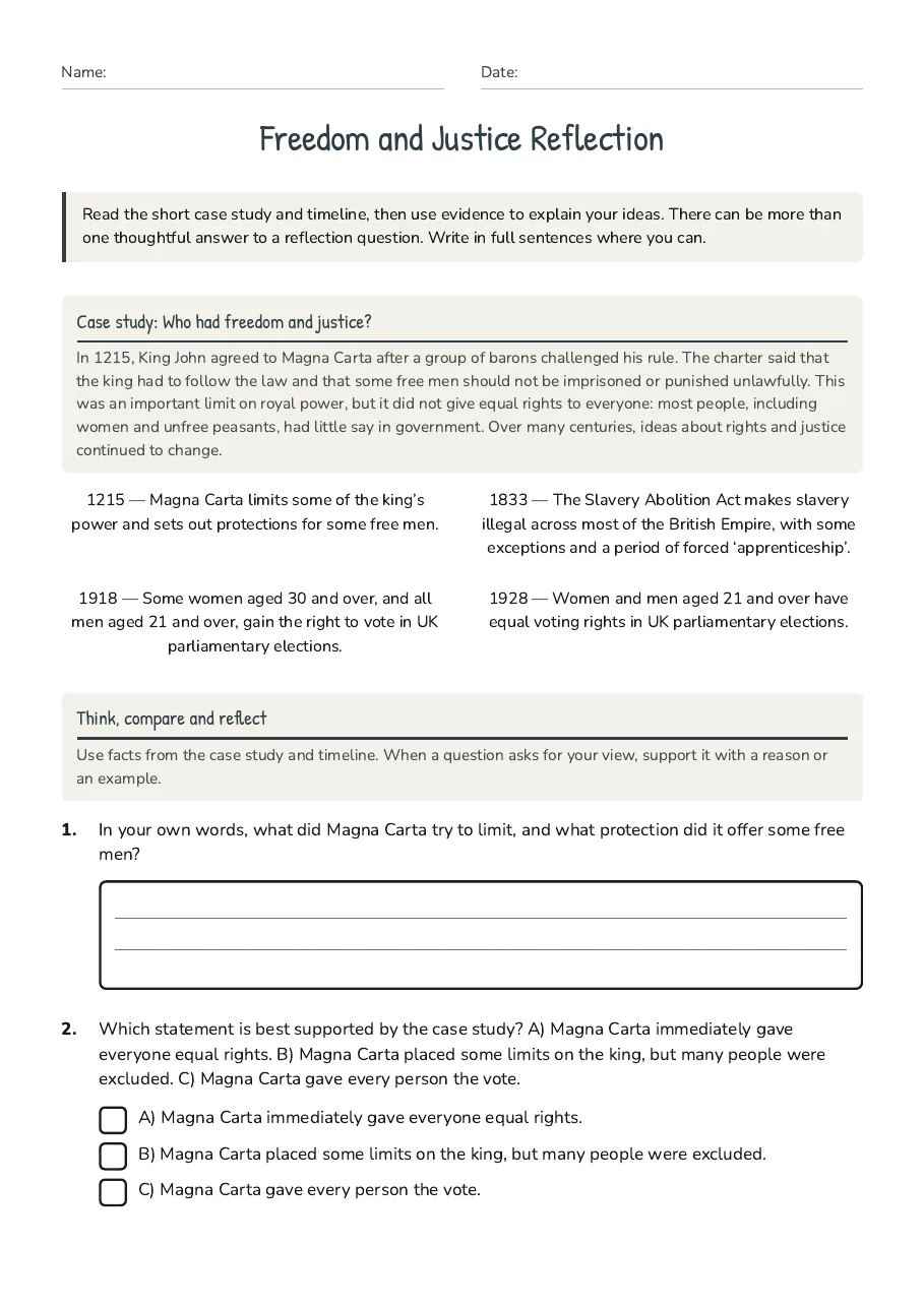 Freedom and Justice Reflection, page 1 of 3: Case study: Who had freedom and justice?, Think, compare and reflect