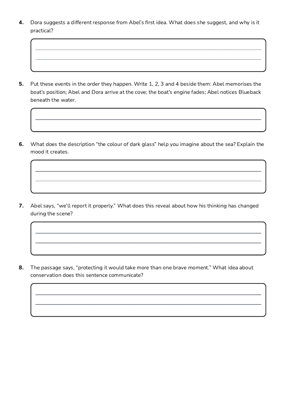 Blueback Chapter 10 Analysis, page 2 of 3: 4. Dora suggests a different response from Abel’s first idea. What does she suggest, and…