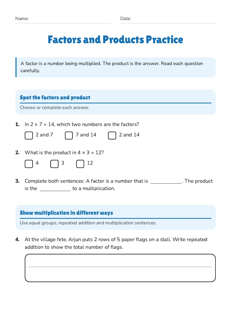 Factors and Products Practice, page 1 of 2: Spot the factors and product, Show multiplication in different ways