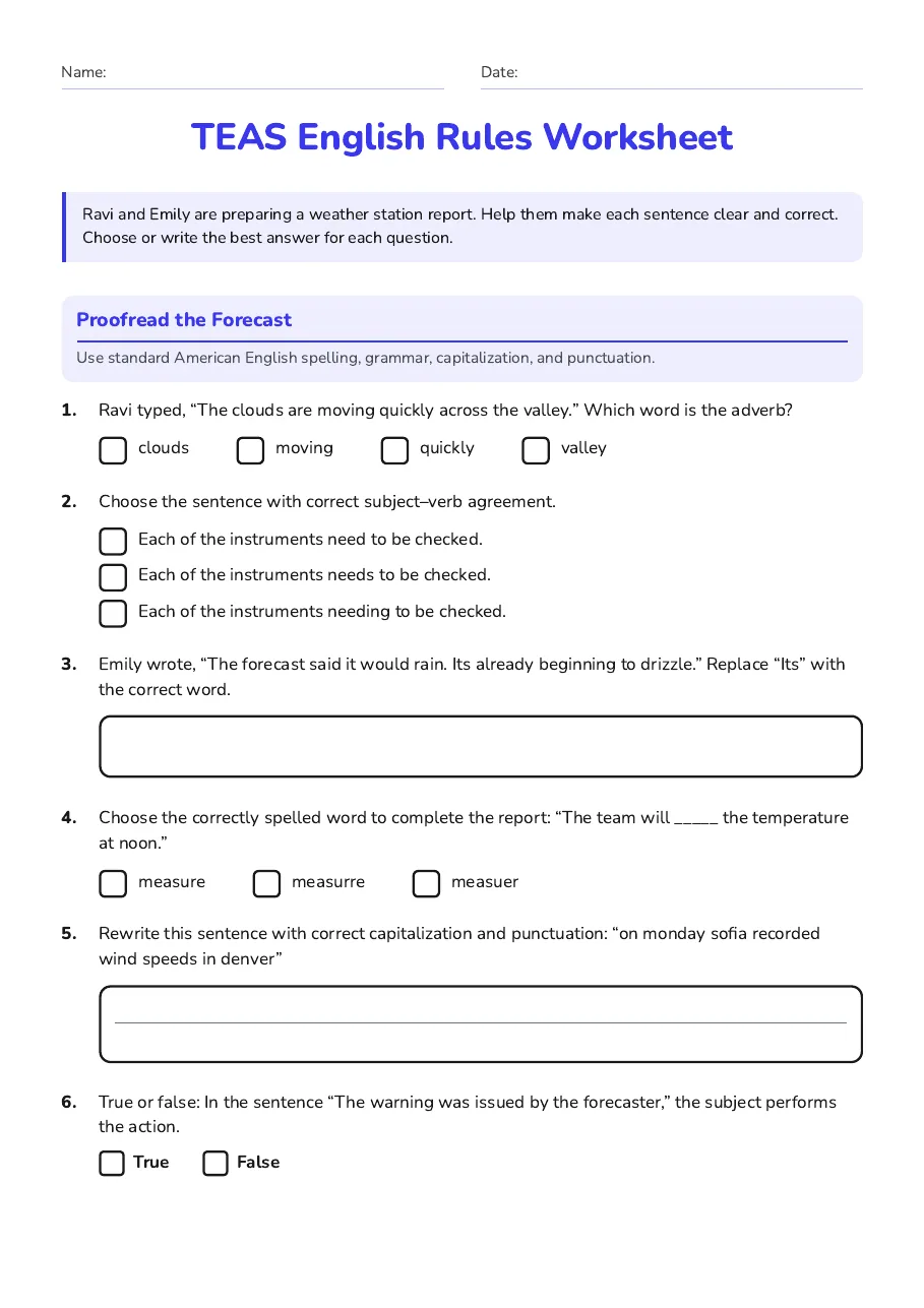 TEAS English Rules Worksheet, page 1 of 2: Proofread the Forecast