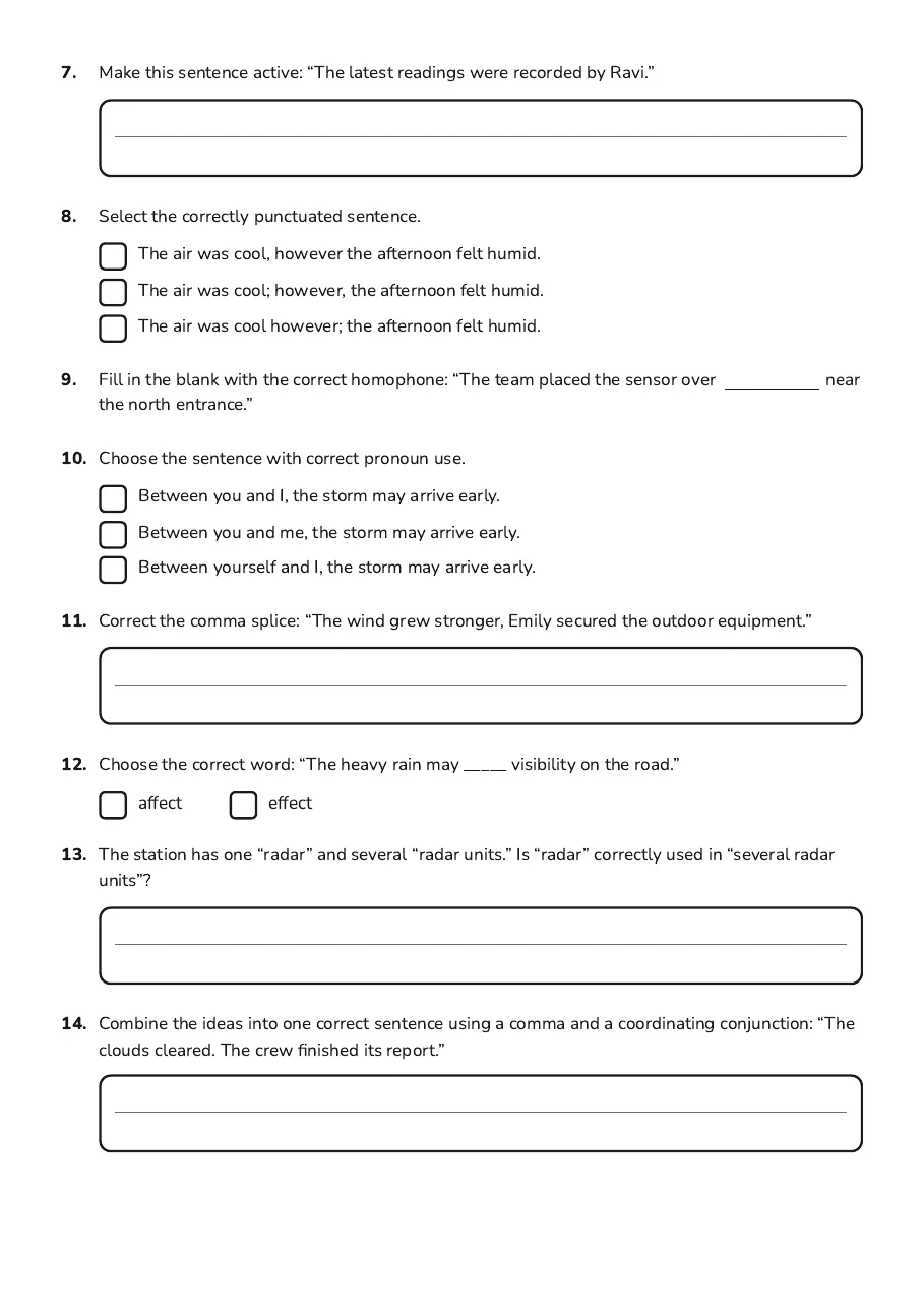 TEAS English Rules Worksheet, page 2 of 2: 7. Make this sentence active: “The latest readings were recorded by Ravi.”