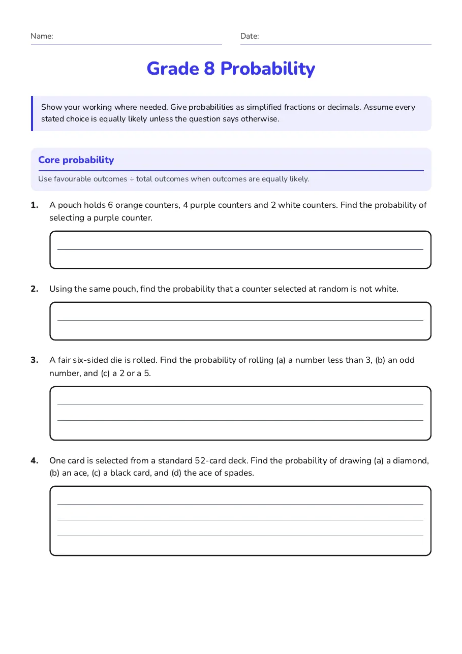 Grade 8 Probability, page 1 of 7: Core probability