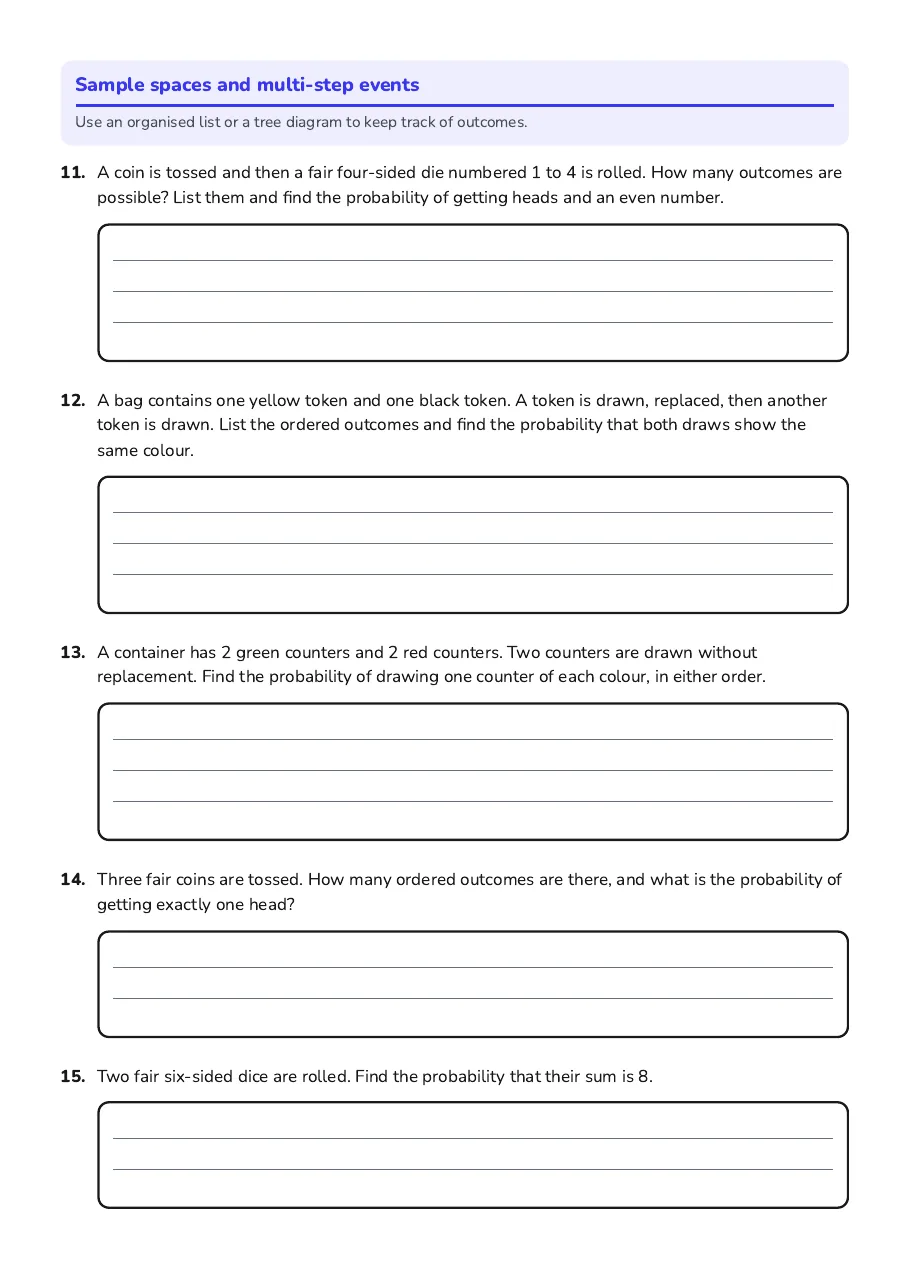 Grade 8 Probability, page 3 of 7: Sample spaces and multi-step events