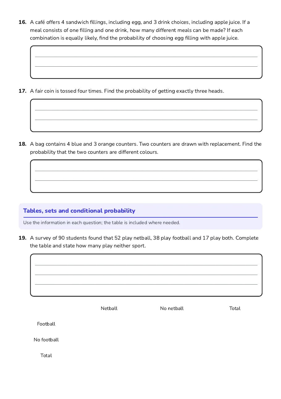 Grade 8 Probability, page 4 of 7: Tables, sets and conditional probability