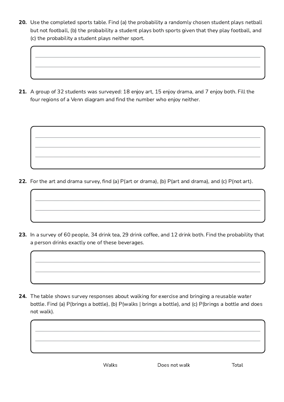 Grade 8 Probability, page 5 of 7: 20. Use the completed sports table. Find (a) the probability a randomly chosen student…