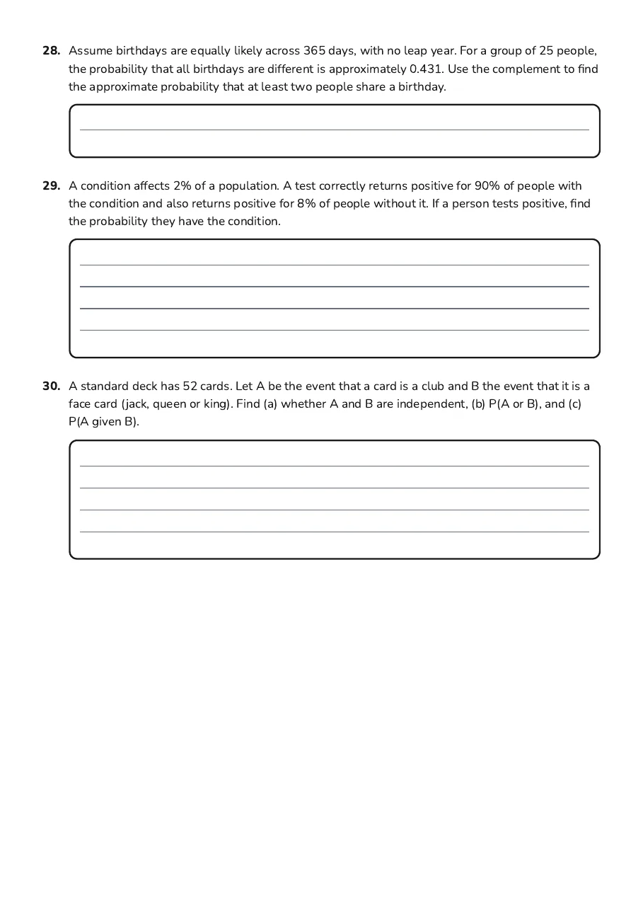 Grade 8 Probability, page 7 of 7: 28. Assume birthdays are equally likely across 365 days, with no leap year. For a group…