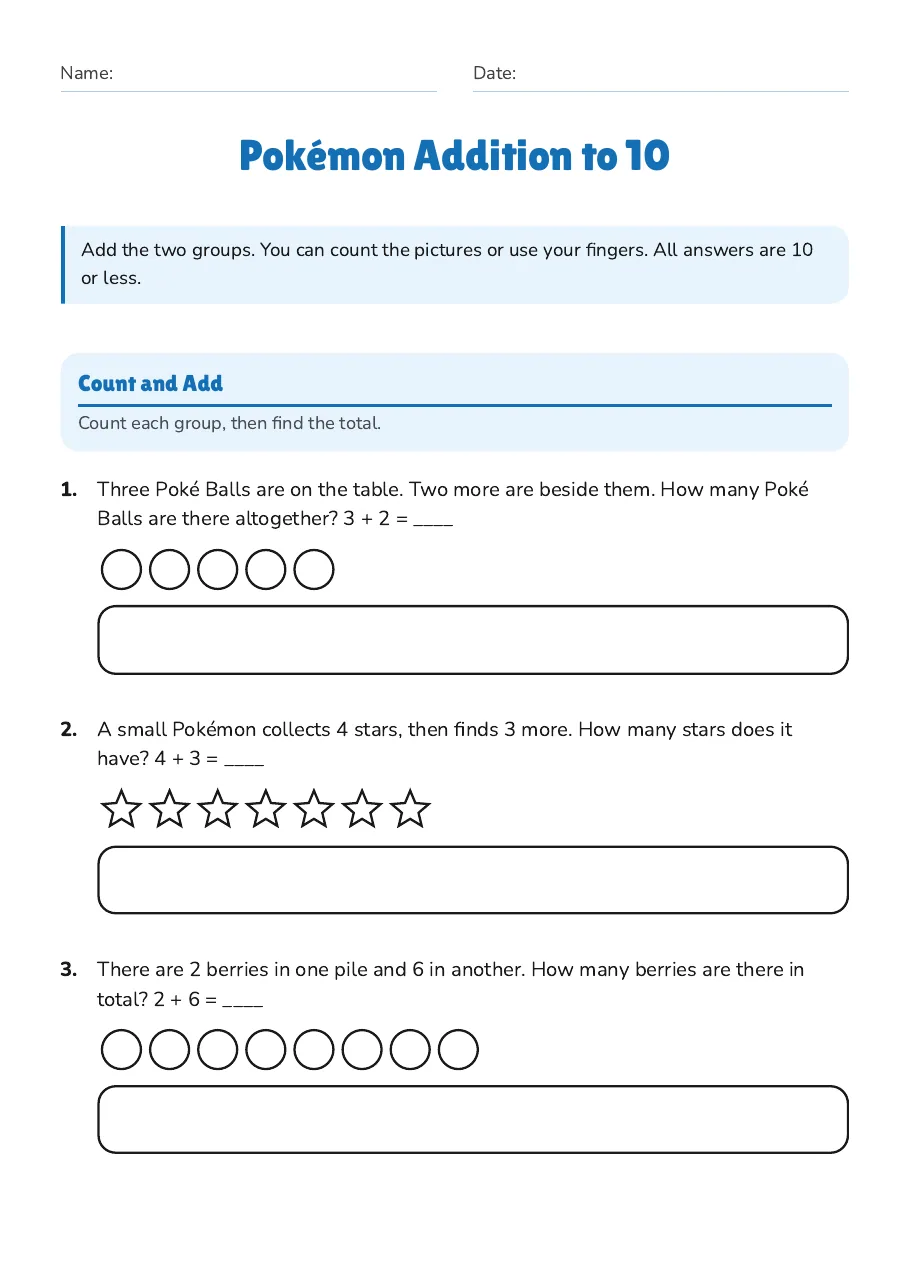 Pokémon Addition to 10, page 1 of 4: Count and Add