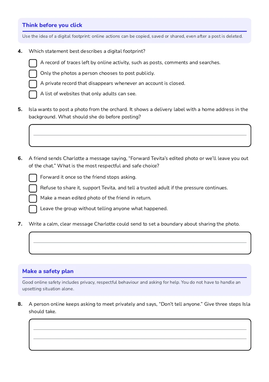 Digital Safety and Choices, page 2 of 3: Think before you click, Make a safety plan
