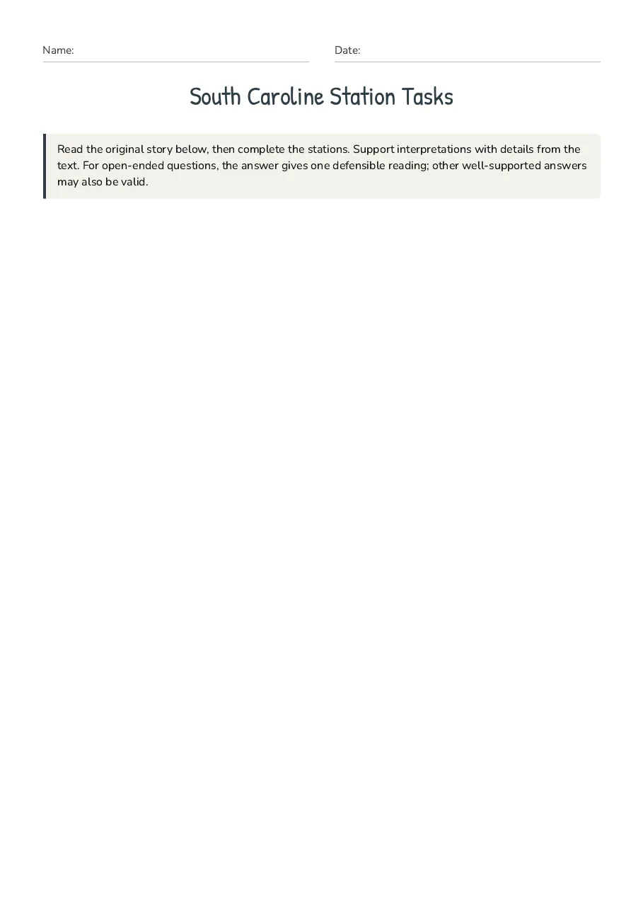 South Caroline Station Tasks, page 1 of 5: Read the original story below, then complete the stations. Support interpretations with…