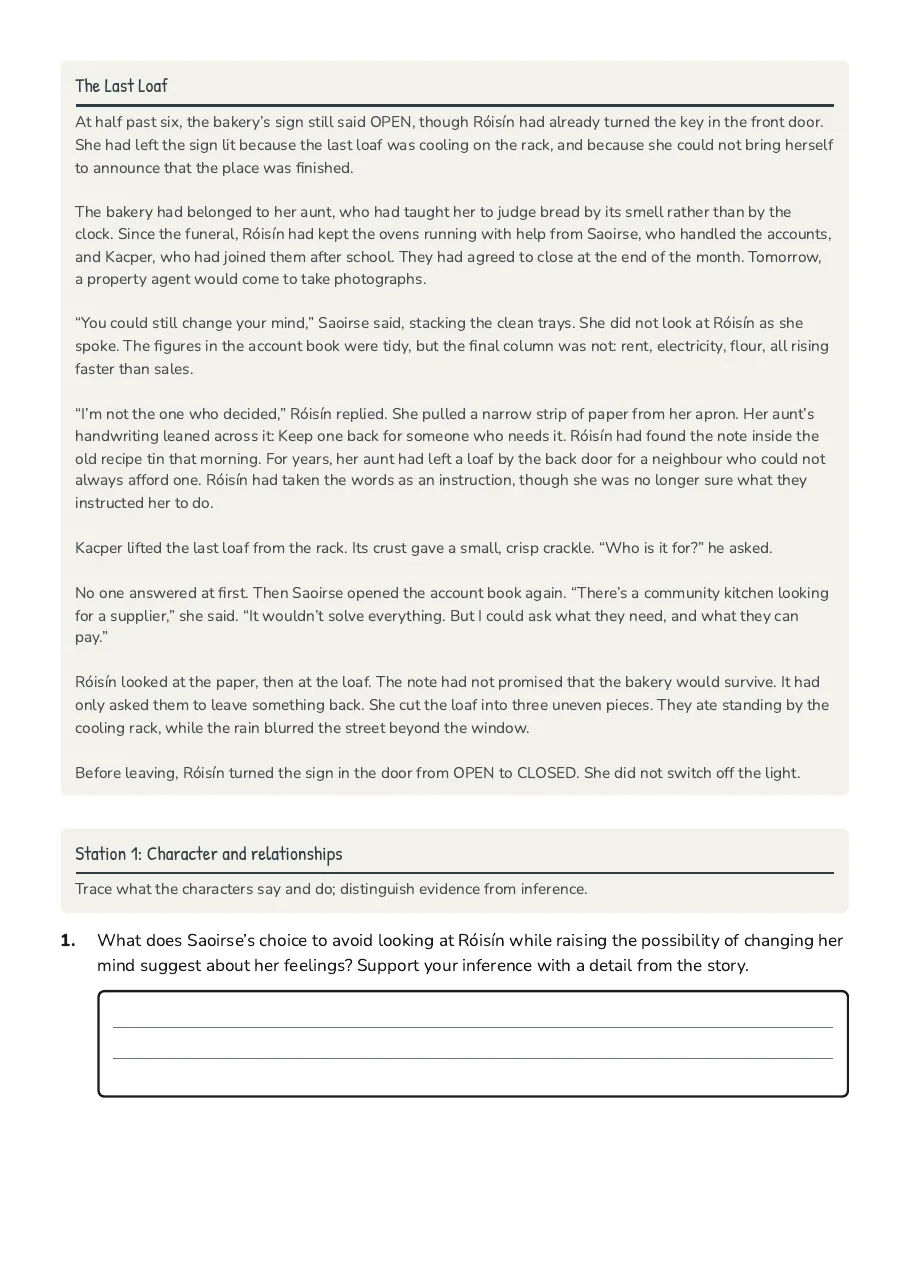 South Caroline Station Tasks, page 2 of 5: The Last Loaf, Station 1: Character and relationships