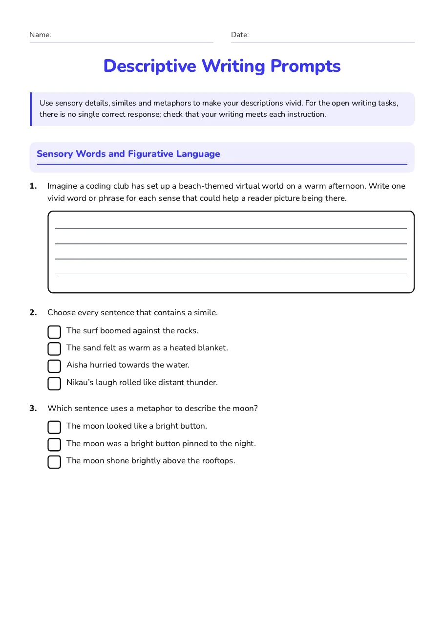 Descriptive Writing Prompts, page 1 of 3: Sensory Words and Figurative Language