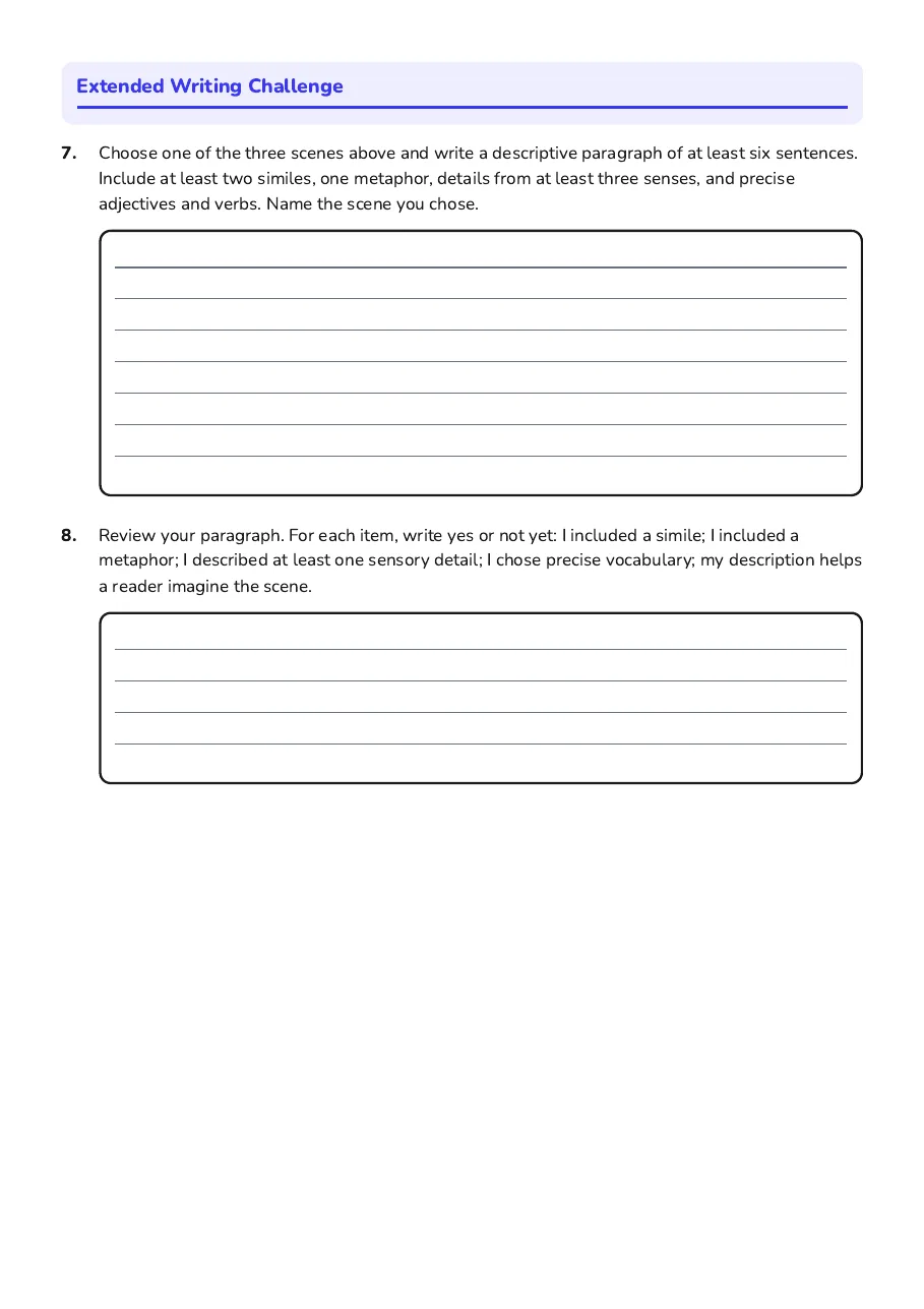 Descriptive Writing Prompts, page 3 of 3: Extended Writing Challenge
