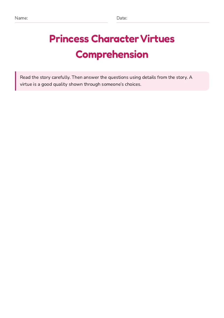Princess Character Virtues Comprehension, page 1 of 3: Princess Character Virtues