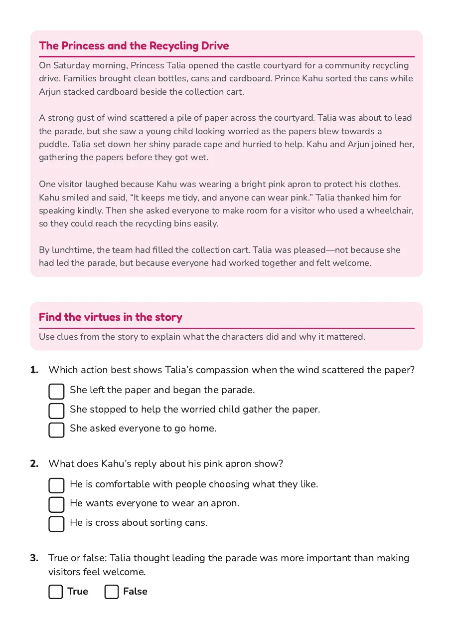 Princess Character Virtues Comprehension, page 2 of 3: The Princess and the Recycling Drive, Find the virtues in the story