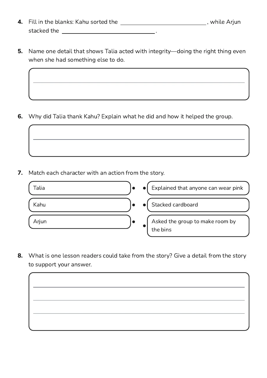 Princess Character Virtues Comprehension, page 3 of 3: 4. Fill in the blanks: Kahu sorted the , while Arjun