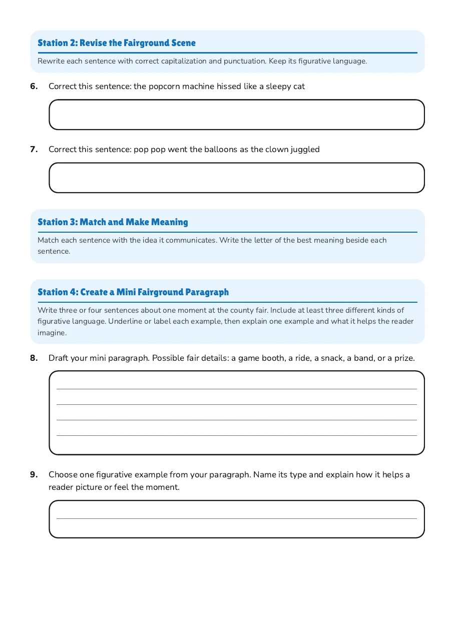 Figurative Language Station Rotation, page 2 of 2: Station 2: Revise the Fairground Scene, Station 3: Match and Make Meaning, Station 4: Create a Mini Fairground Paragraph