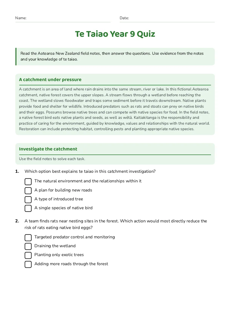 Te Taiao Year 9 Quiz, page 1 of 3: A catchment under pressure, Investigate the catchment