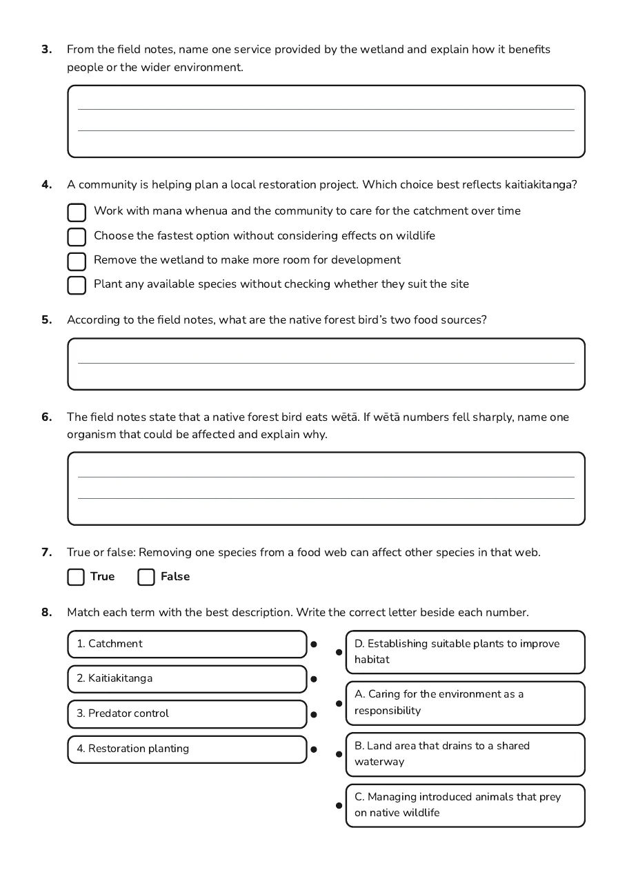 Te Taiao Year 9 Quiz, page 2 of 3: 3. From the field notes, name one service provided by the wetland and explain how it…