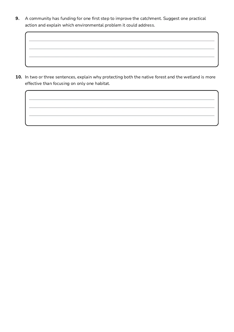 Te Taiao Year 9 Quiz, page 3 of 3: 9. A community has funding for one first step to improve the catchment. Suggest one…