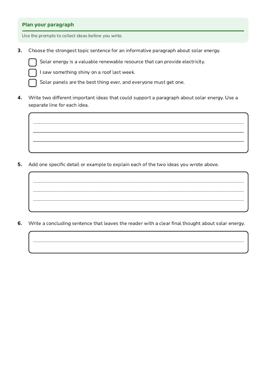 Planning prompts for solar-energy ideas, details and a concluding sentence.