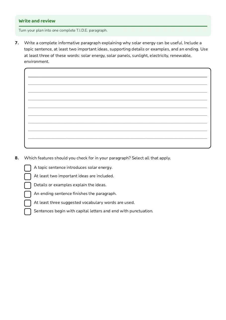 Writing space for a complete T.I.D.E. paragraph and a self-review checklist.