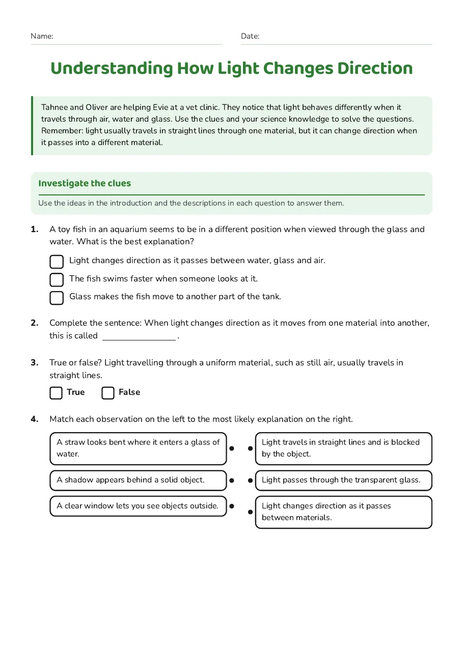 Understanding How Light Changes Direction, page 1 of 2: Investigate the clues
