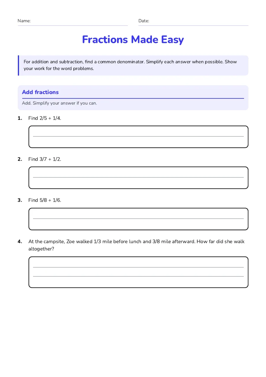 Fractions Made Easy, page 1 of 3: Add fractions