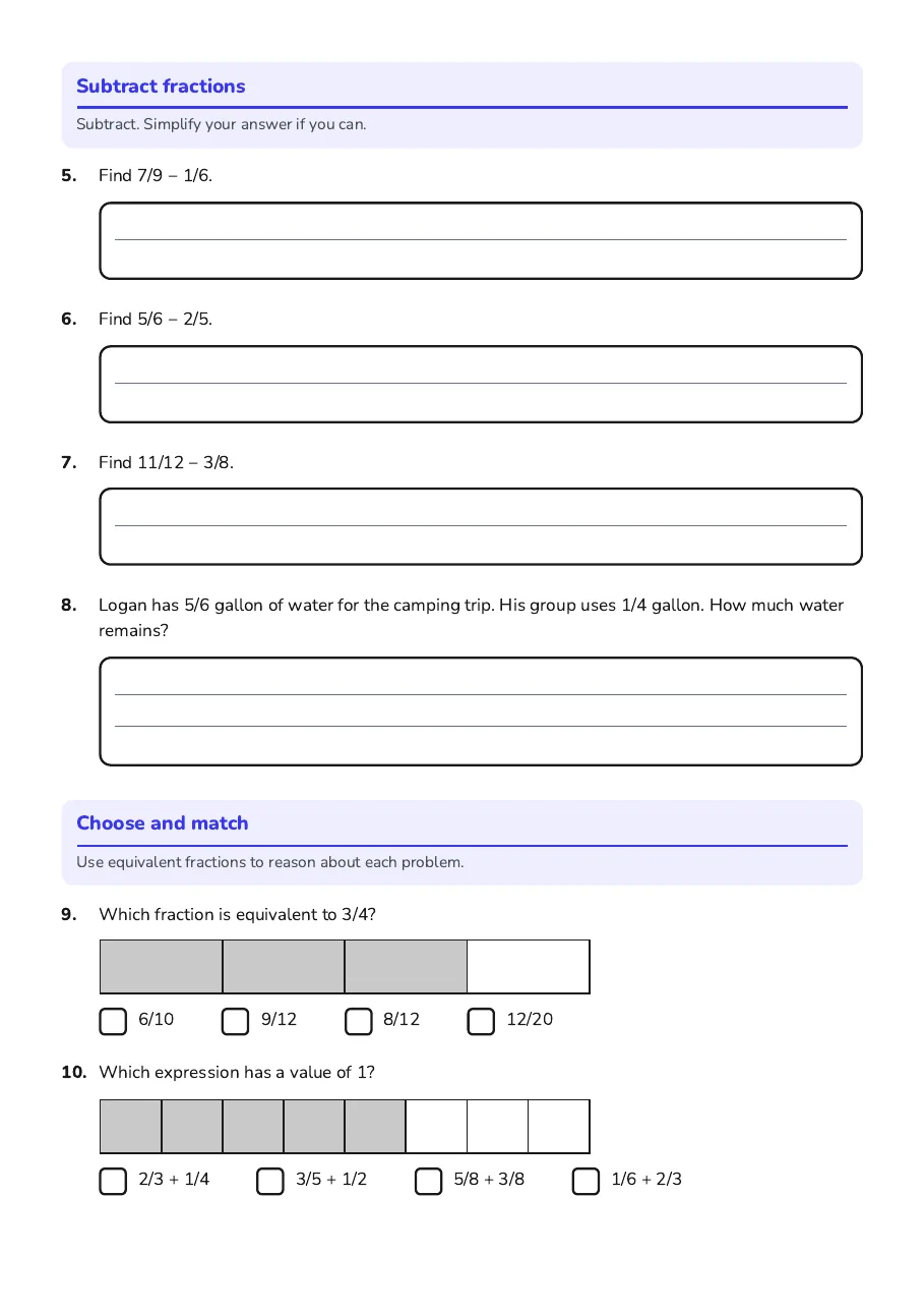 Fractions Made Easy, page 2 of 3: Subtract fractions, Choose and match