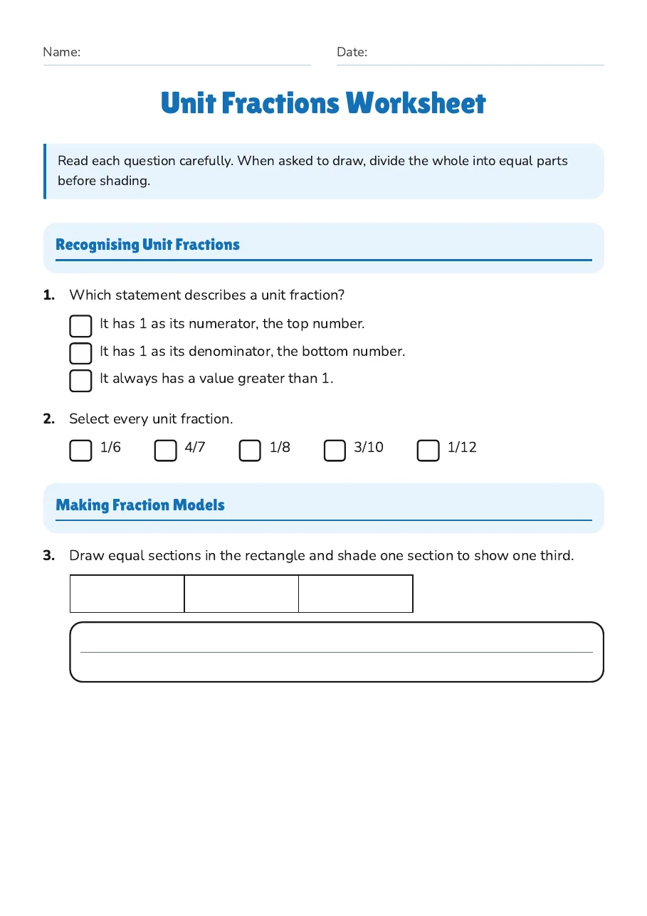 Unit Fractions Worksheet, page 1 of 4: Recognising Unit Fractions, Making Fraction Models
