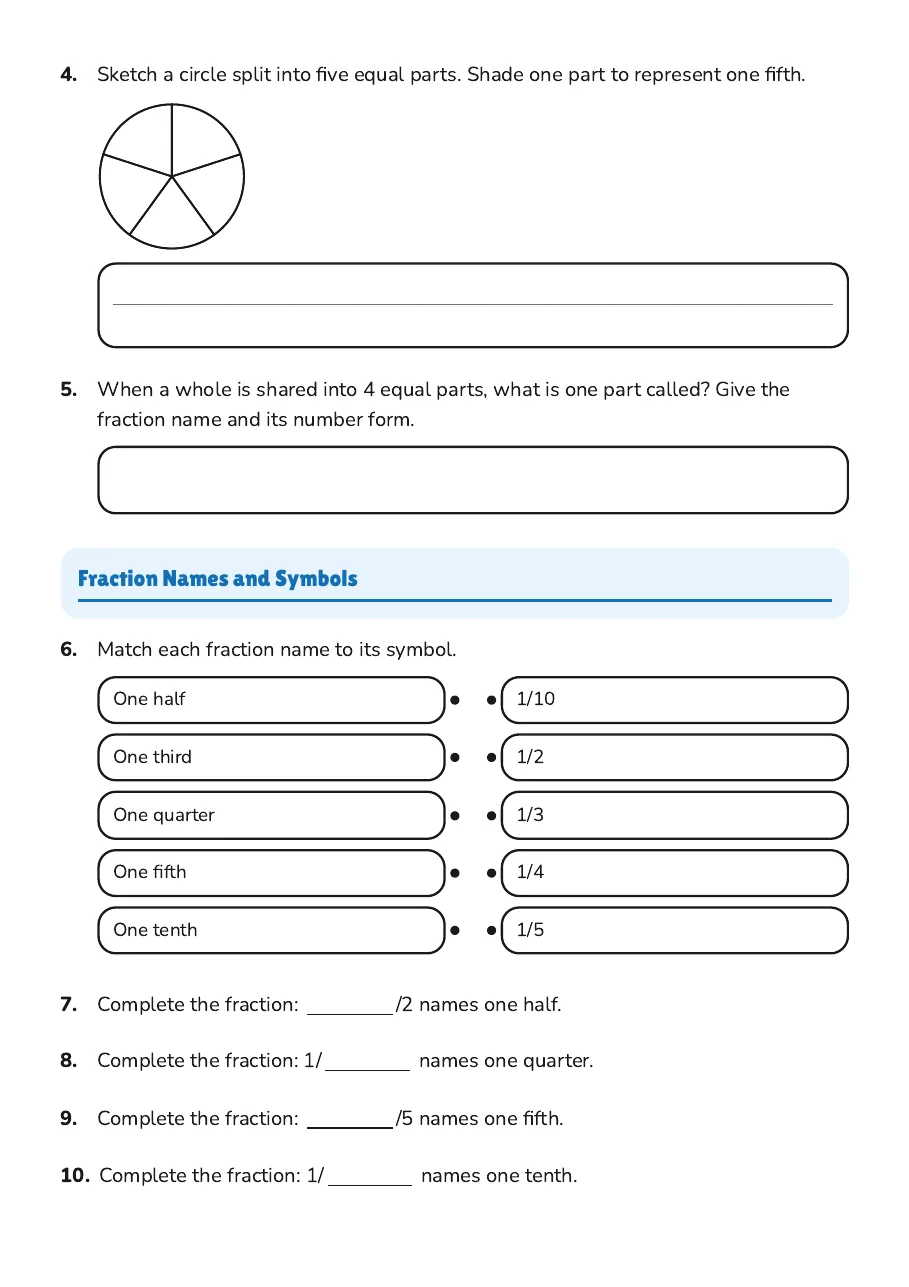 Unit Fractions Worksheet, page 2 of 4: Fraction Names and Symbols
