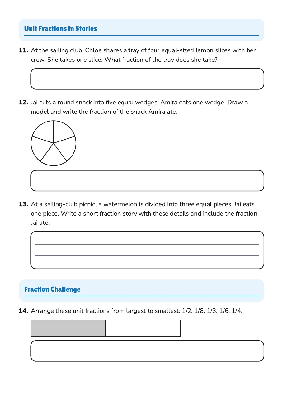 Unit Fractions Worksheet, page 3 of 4: Unit Fractions in Stories, Fraction Challenge