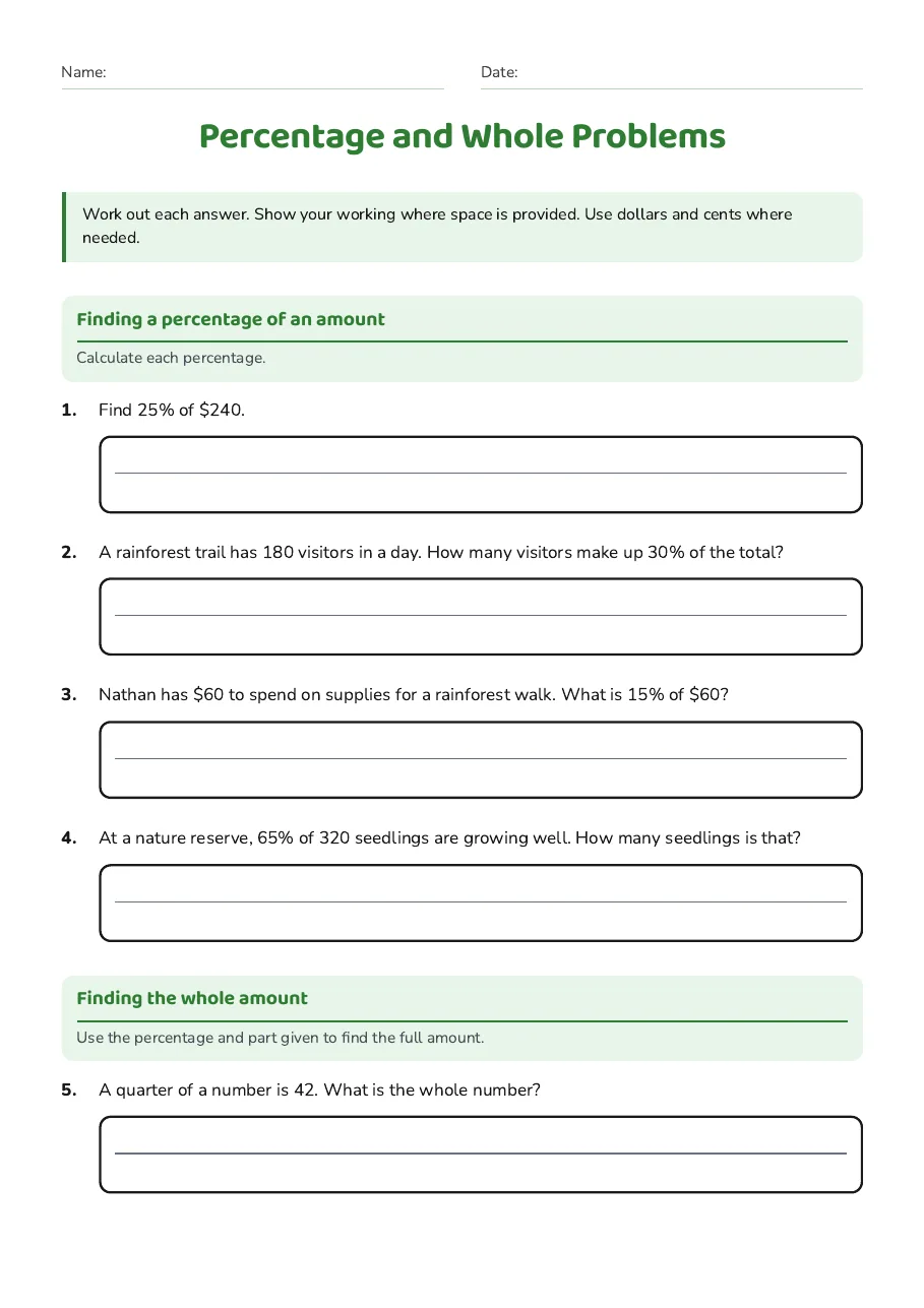 Percentage and Whole Problems, page 1 of 5: Finding a percentage of an amount, Finding the whole amount