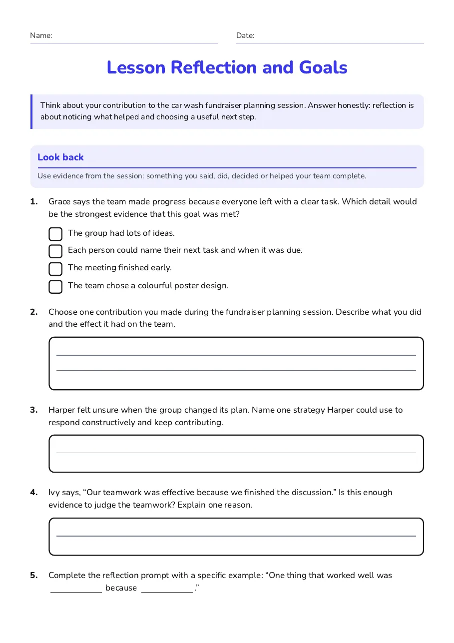 Lesson Reflection and Goals, page 1 of 2: Look back