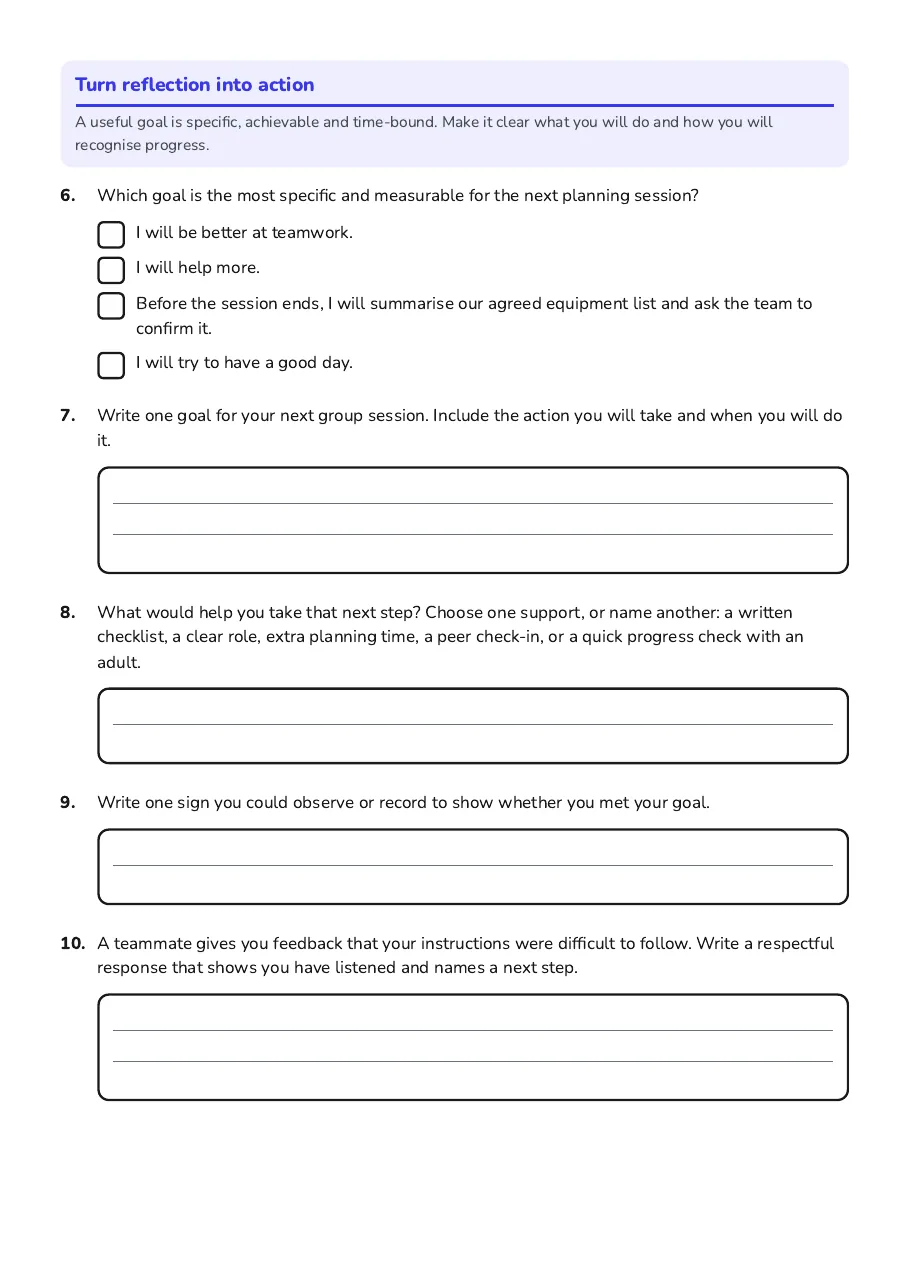 Lesson Reflection and Goals, page 2 of 2: Turn reflection into action
