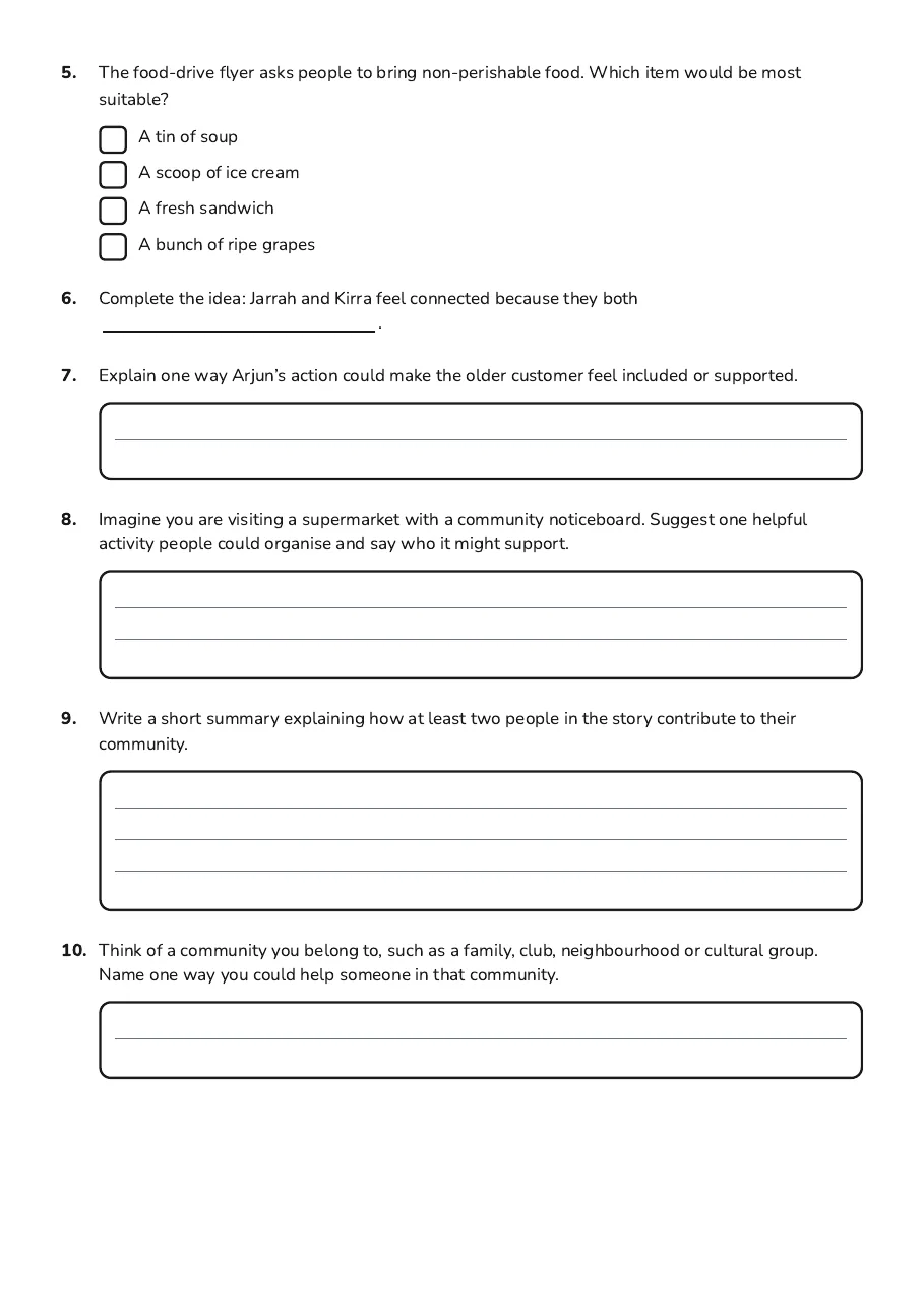Community Stories and Connections, page 2 of 2: 5. The food-drive flyer asks people to bring non-perishable food. Which item would be most