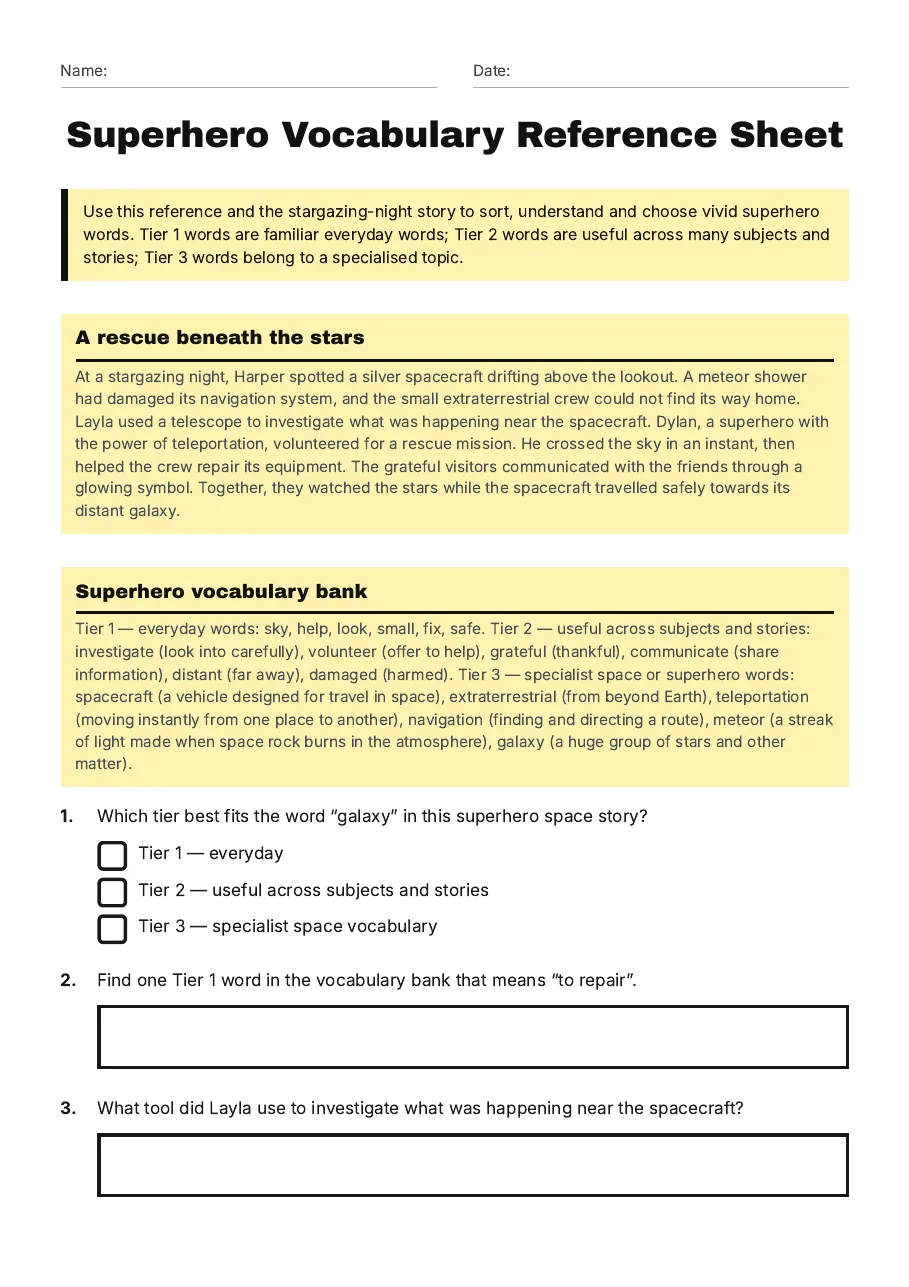 Superhero Vocabulary Reference Sheet, page 1 of 2: A rescue beneath the stars, Superhero vocabulary bank