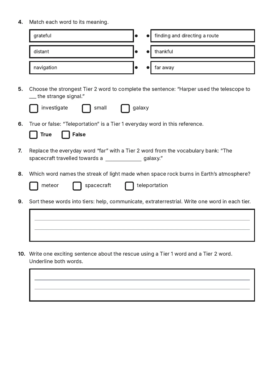 Superhero Vocabulary Reference Sheet, page 2 of 2: 4. Match each word to its meaning.