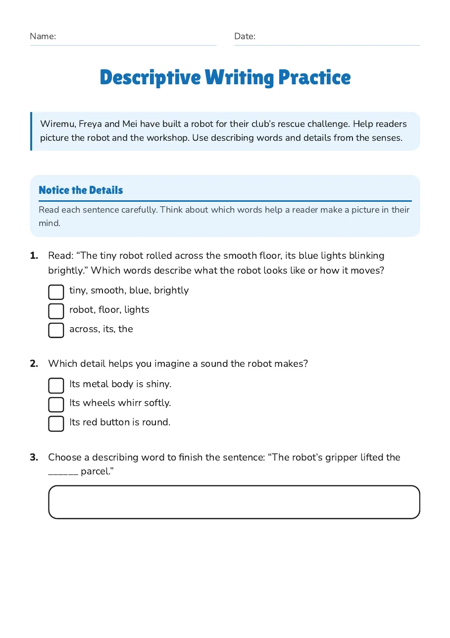 Descriptive Writing Practice, page 1 of 3: Notice the Details
