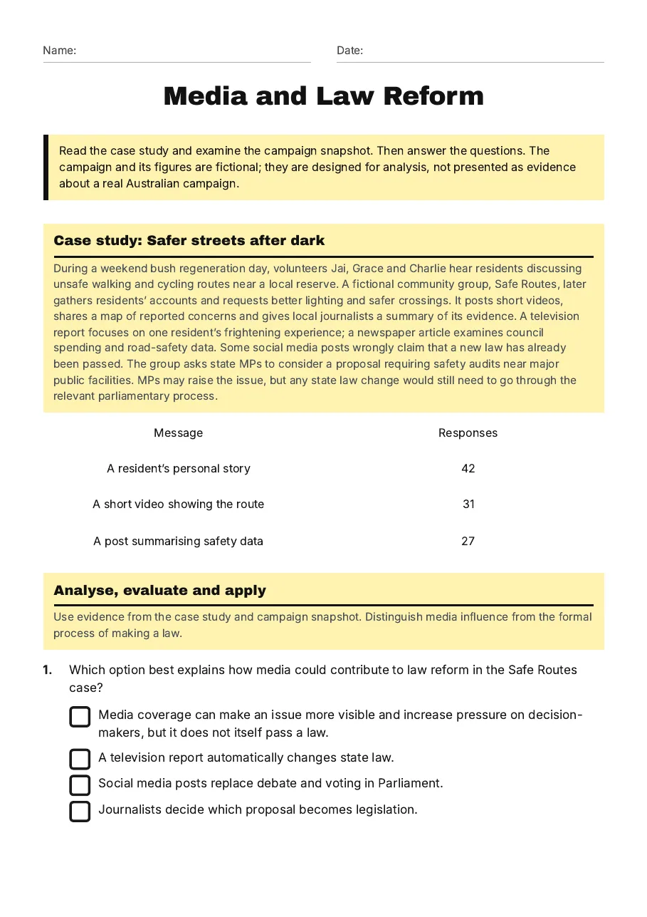 Media and Law Reform, page 1 of 3: Case study: Safer streets after dark, Analyse, evaluate and apply