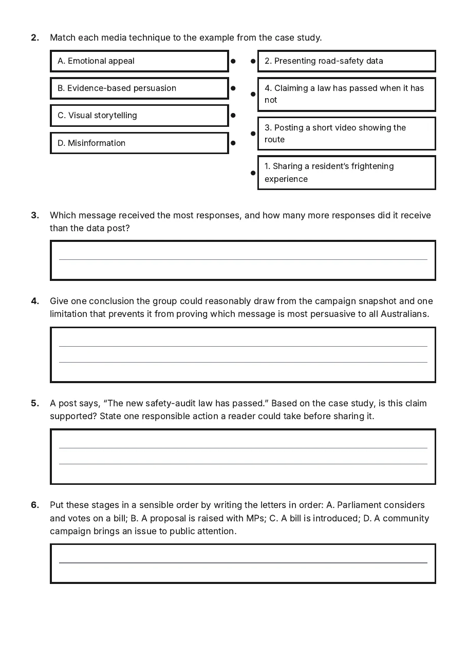 Media and Law Reform, page 2 of 3: 2. Match each media technique to the example from the case study.