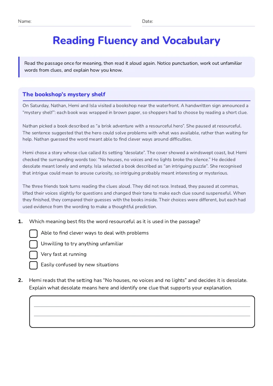 Reading Fluency and Vocabulary, page 1 of 3: The bookshop’s mystery shelf