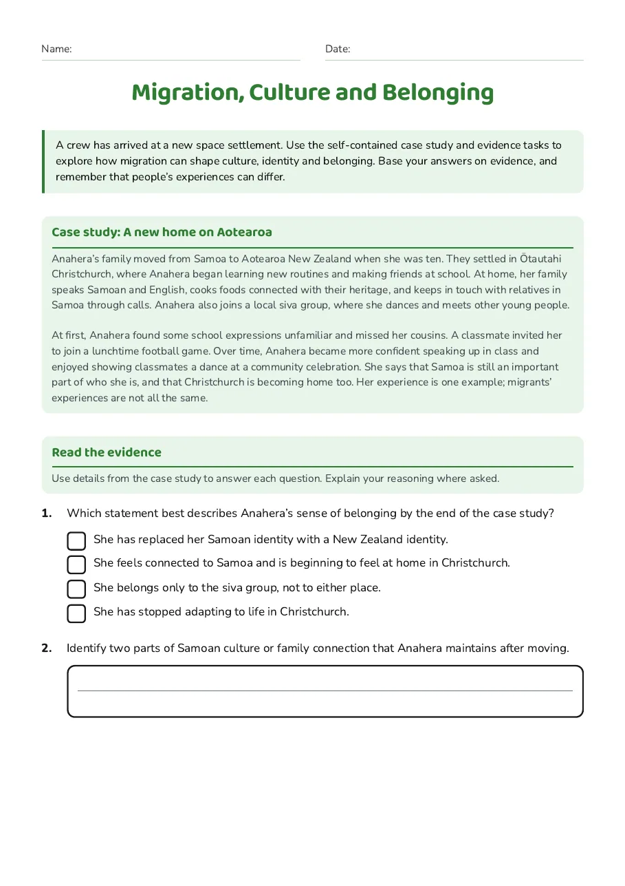 Migration, Culture and Belonging, page 1 of 3: Case study: A new home on Aotearoa, Read the evidence