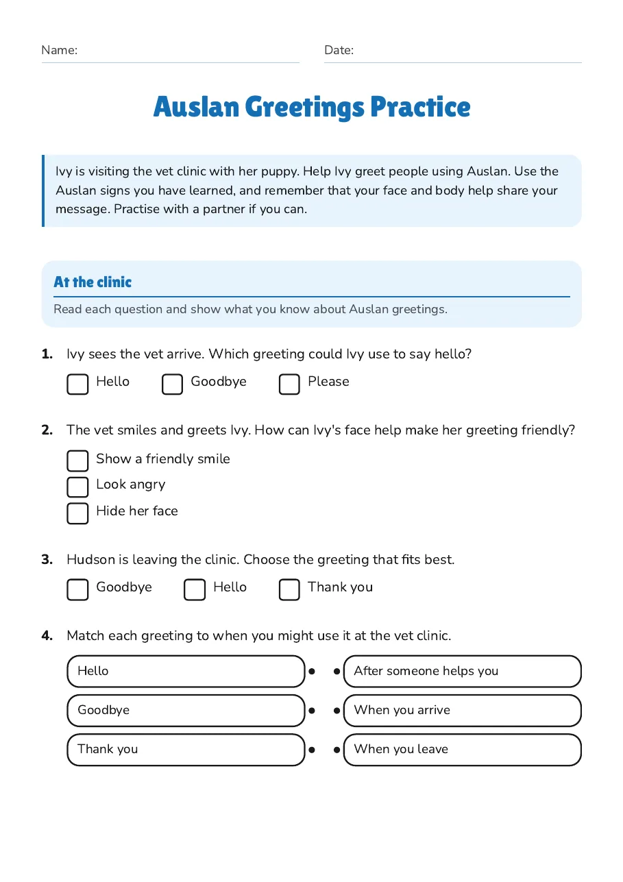 Auslan Greetings Practice, page 1 of 3: At the clinic