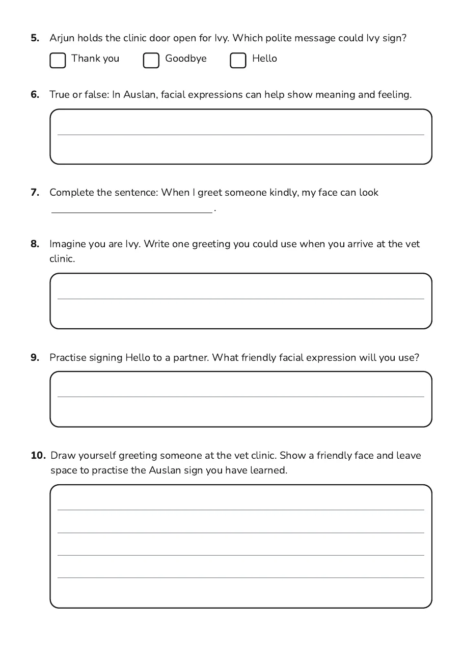 Auslan Greetings Practice, page 2 of 3: 5. Arjun holds the clinic door open for Ivy. Which polite message could Ivy sign?