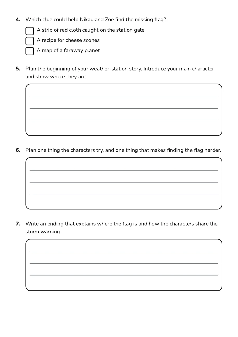 Story Plot Planning, page 2 of 3: 4. Which clue could help Nikau and Zoe find the missing flag?