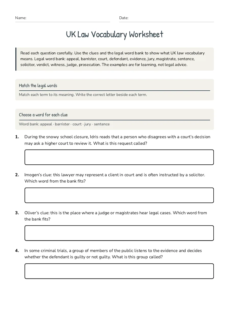 UK Law Vocabulary Worksheet, page 1 of 2: Match the legal words, Choose a word for each clue