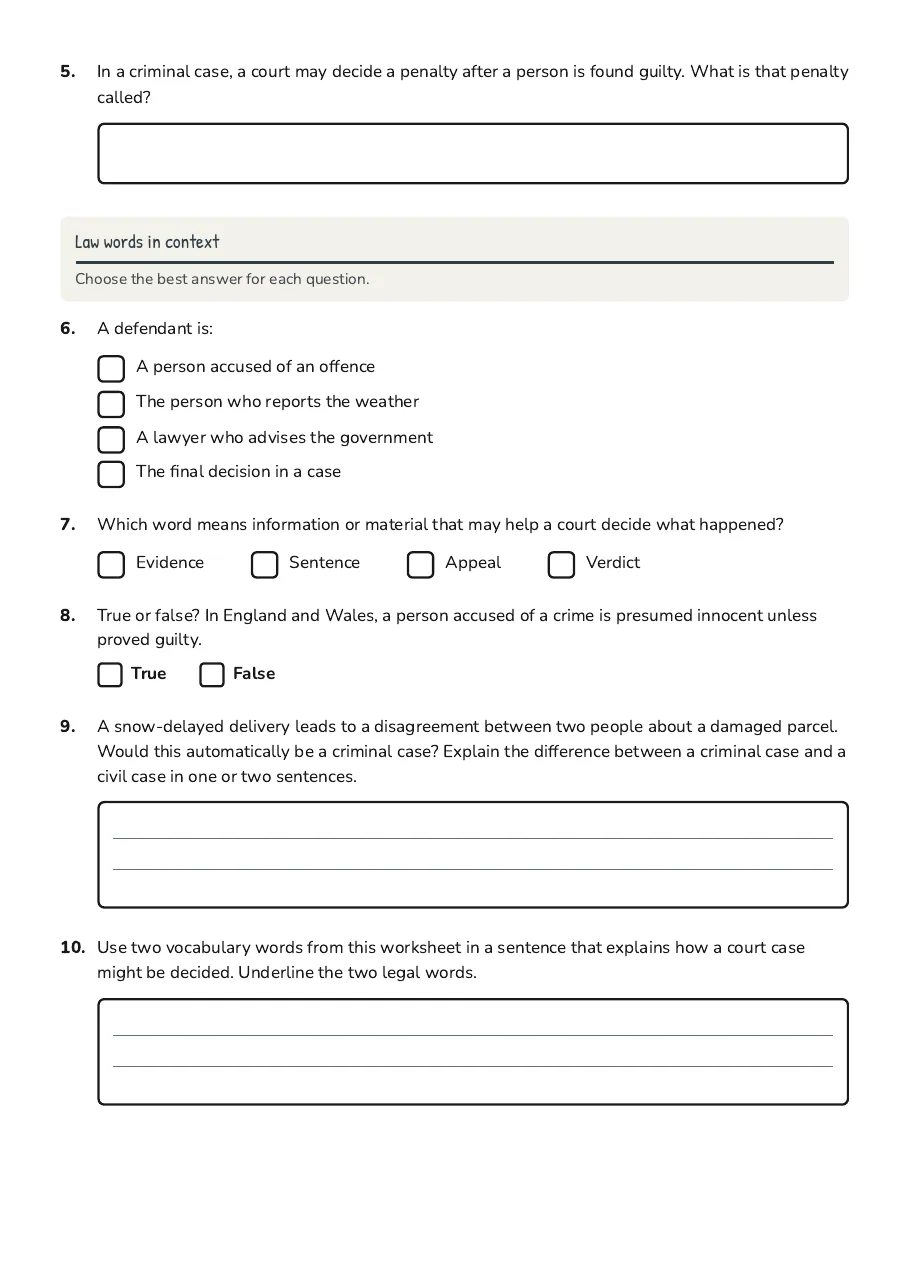 UK Law Vocabulary Worksheet, page 2 of 2: Law words in context