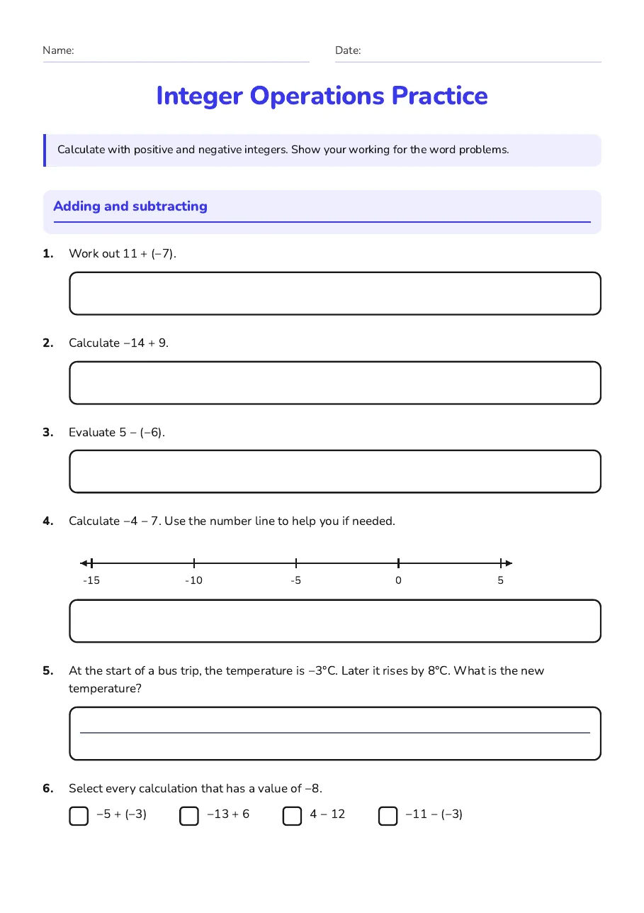 Integer addition and subtraction practice, including a number line, temperature change and a multiple-choice calculation.