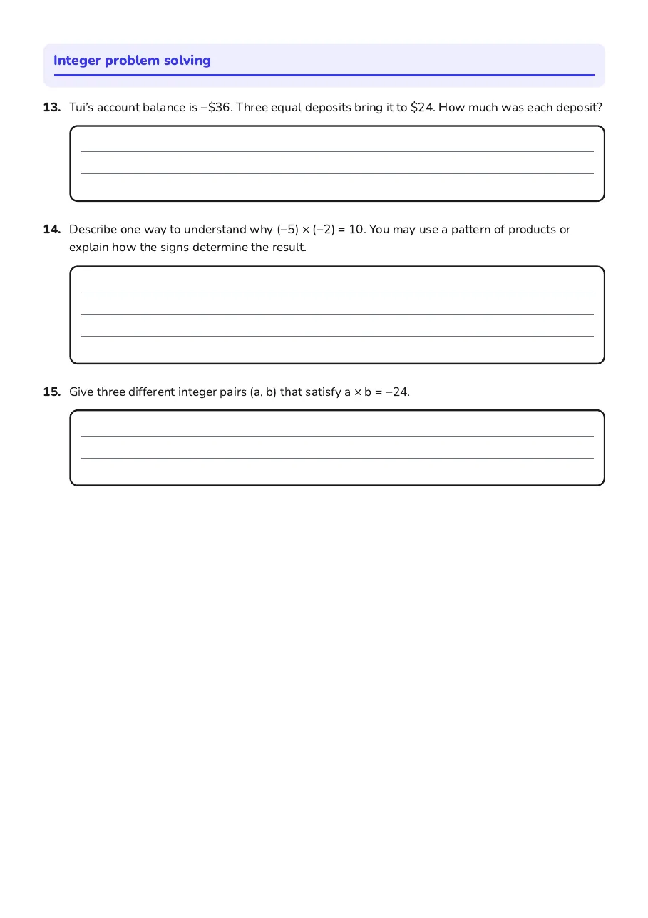 Integer problem solving with a bank balance, a product pattern explanation and factor pairs.